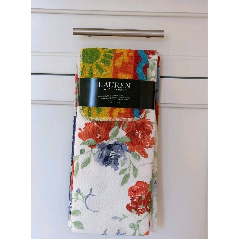 5 Piece Set 3 Ralph Lauren Kitchen Towels 1 Blue Solid 2 Floral 2 Dish Scrubber
